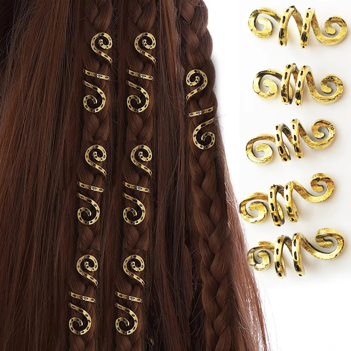 5Pcs Golden Silver Viking Spiral Charms Hair Tubes Braid Dread Dreadlock Beads Clips Cuffs Rings Jewelry Hair Accessories Woman